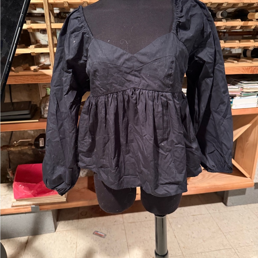 NWT Banana Republic Black Poplin Cotton Babydoll‎ Puff-Sleeve Top